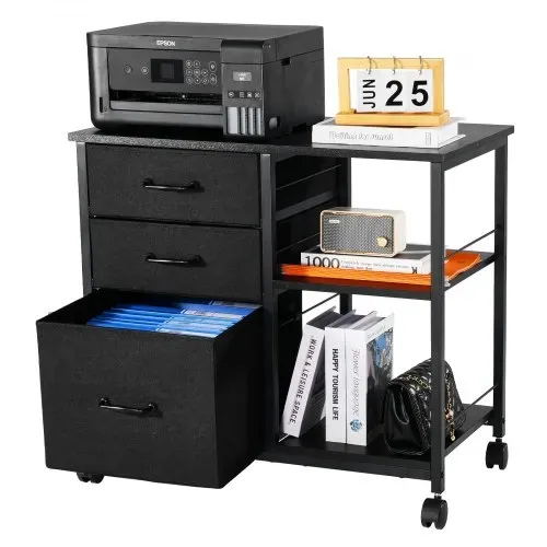 VEVOR Aktenschrank Schubladenschrank mit 3 Stoffschubladen, Rollcontainer mit 2 offenen Regalen, Lagerschrank Aufbewahrungsschrank für Schreibwaren Drucker Dokumente (Schwarz, 75 x 40 x 68 cm) – Bild 8