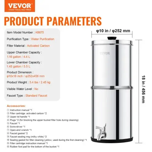 VEVOR Schwerkraft Wasserfiltersystem Edelstahl Arbeitsplattensystem 4,4 + 5,5 L Wasserfiltrationssystem, reduziert Blei und bis zu 99 % Chlor, mit 2 Kohlefiltern & Zapfhahn, Camping Wohnmobil Zuhause – Bild 6