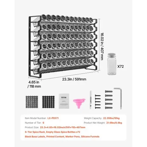 VEVOR 6-stöckiges Gewürzregal Gewürzhalter mit 72 leeren Gewürzgläser & Trichter-Komplettset & Gewürzetiketten, Gewürz-Organizer für Küchen Schrank Speisekammer (591 x 118 x 407 mm) – Bild 6