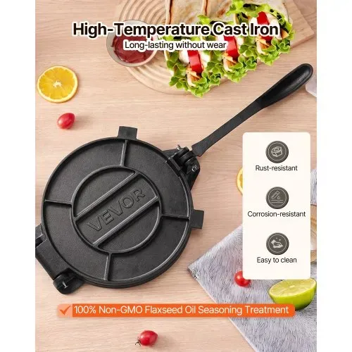 VEVOR Tortillapresse 30 cm Gusseisen Manuelle Taco Presse Pizzateigpresse für Weizentortillas, Pizza, Bäckerei und Fladenbrot, mit Verstärktem Griff, 50 Backpapier und Eingebrannter Leinöl-Oberfläche – Bild 2