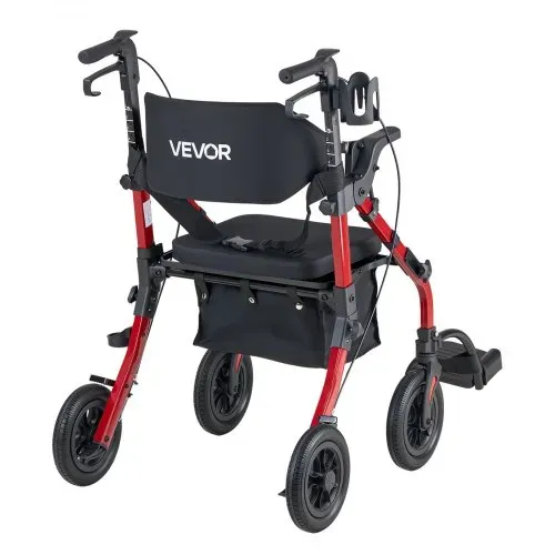 VEVOR 2-in-1 Rollator Faltbar mit Sitz, Leichter Gehwagen mit Reifen, Gehhilfe bis 136 kg mit Rückenlehne Tasche Gehstockhalter, Höhenverstellbare Laufhilfe mit Feststellfunktion für Senioren, Rot – Bild 8
