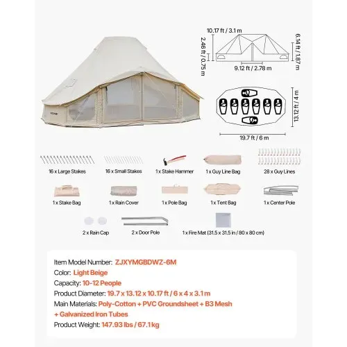 VEVOR Glockenzelt, 4 Jahreszeiten, 6x4x3,1 m, Jurtenzelt mit Ofenrohrdurchführung & Regenhülle, Poly-Baumwoll-Gewebe, bis zu 12 Personen, Ideal für Familien-Camping & Outdoor-Aktivitäten, Beige – Bild 6