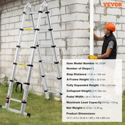 VEVOR Teleskopleiter, 1,85-3,79m A-förmige Aluminium-Ausziehleiter, leichte, Klappbleiter mit Mehrfach-Einzug, 170 kg Tragkraft mit Stabilisatorstange, Mehrzweckleitern für Wohnmobil, Camper – Bild 6