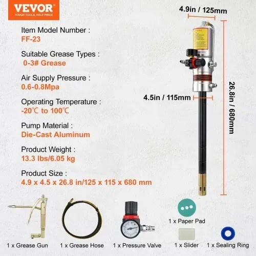 VEVOR Fettpumpe Luftbetriebene Fettpumpe mit 50:1 Druckverhältnis, 3,96 m Hochdruckschlauch und Fettpresse, Pneumatische Fettpumpe, Tragbare Schmierfettpumpe mit um 360° Schwenkbarem Fettpressenkopf – Bild 6
