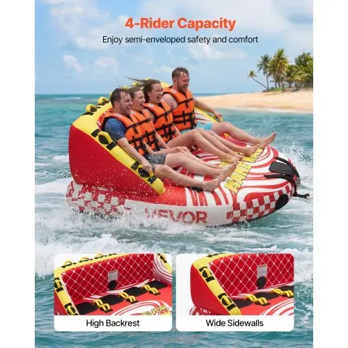 VEVOR Towable Tube für Boote, Wassersport-Schleppreifen für 4 Personen, bis 308 kg Tragfähigkeit, mit 2 Zugpunkten, Nylonhülle, Gepolsterten Griffen und Sicherheitsventil, für Seen, Flüsse, Rot VEVOR Towable Tube für Boote, Wassersport-Schleppreifen für 4 Personen, bis 308 kg Tragfähigkeit, mit 2 Zugpunkten, Nylonhülle, Gepolsterten Griffen und Sicherheitsventil, für Seen, Flüsse, Rot
