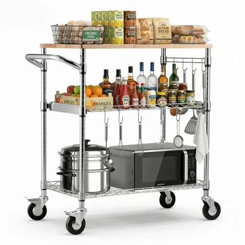 VEVOR Küchenwagen mit 3 Ebenen, Schwerlast-Servierwagen bis 300 kg, Rollwagen mit Höhenverstellbaren Drahtablagen, Griff & Arbeitsplatte, Metallregal auf Rollen für Küche, Garage, 762 x 457 x 914 mm VEVOR Küchenwagen mit 3 Ebenen, Schwerlast-Servierwagen bis 300 kg, Rollwagen mit Höhenverstellbaren Drahtablagen, Griff & Arbeitsplatte, Metallregal auf Rollen für Küche, Garage, 762 x 457 x 914 mm