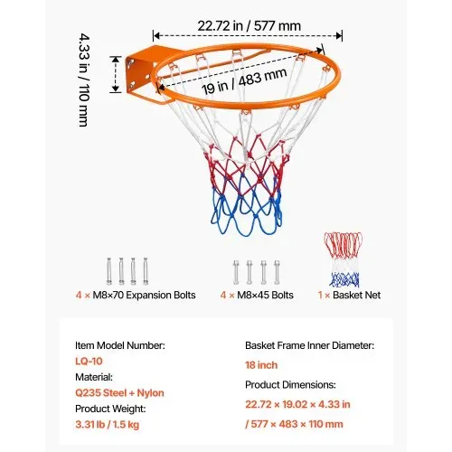 VEVOR Basketballkorb Hangring Basketballring 483 mm, Basketball Basketballring Netz 577 x 483 x 110 mm Qualität-und Sicherheitsgeprüft Indoor & Outdoor, Universal Stabiler Basketballkorb Orange – Bild 6