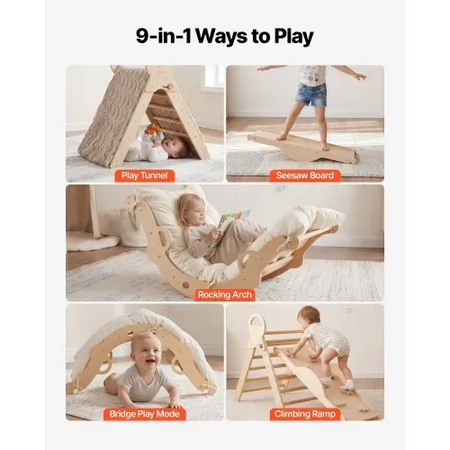 VEVOR Kletterdreieck, 9-in-1 Kletterspielzeug, mit Holzautos, Kissen, Kletterdreieck, Rutsche & Kletterbogen, bis 68 kg Belastbar, Montessori Indoor Spielset für Kinder im Alter von 1 bis 3 Jahren – Bild 3