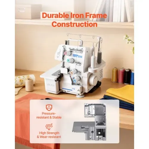 VEVOR Overlock-Nähmaschine 1250 Stiche pro Minute, 3- und 4-Faden-fähig, mit LED-Licht & starken Saugfüßen, robuste Nähmaschine mit Metallrahmen für verschiedene Stoffe, Weiß – Bild 5