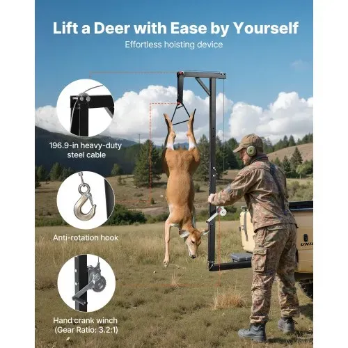 VEVOR Game Hoist mit Seilwinde & Gambrel, 136 kg Tragkraft, LKW-Wildhebezeug mit 5,08 cm Empfänger, 360-Grad-Schwenkschaft & einstellbarer Höhe, zum Häuten & Säubern von Wild im Jagdspiel – Bild 2