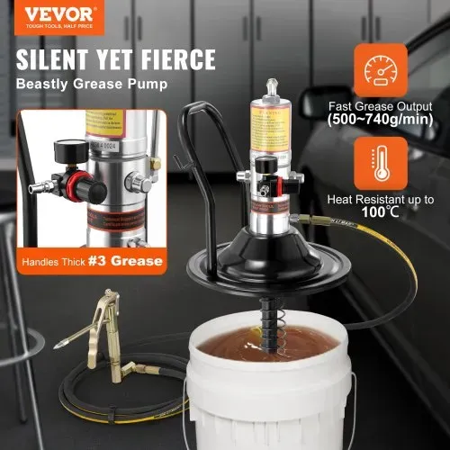 VEVOR Pneumatische 0,6-0,8Mpa Fettpumpe Druckguss-Aluminium Luftbetriebene Abschmierpumpe Durchfluss von 740 g/min Luftfettpumpe -20℃ bis 100℃ Betriebstemperatur Geeignet für 0-3# Schmierfett
