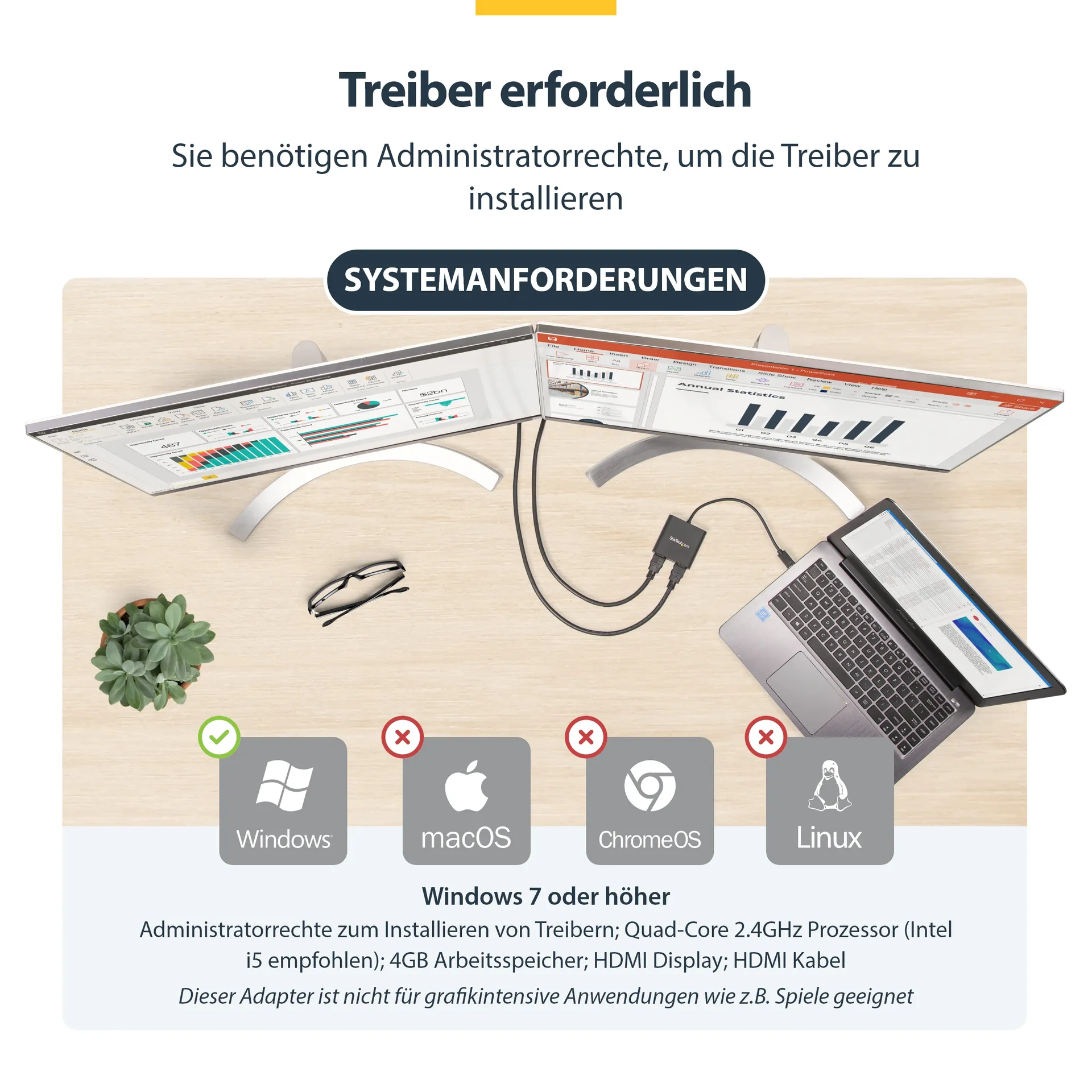 StarTech.com USB 3.0 auf Dual HDMI Adapter - 1x 4K 30Hz & 1x 1080p - Externe Video- und Grafikkarte - USB-A auf HDMI Dual Monitor Display Adapter - Unterstützt nur Windows - Schwarz – Bild 7