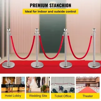 VEVOR Edelstahl Absperrpfosten Seil Abgrenzungsständer Kugelkopf 3 Rote Samtseile Silberne Säule 4 Packung Crowd Control Barriers VEVOR Edelstahl Absperrpfosten Seil Abgrenzungsständer Kugelkopf 3 Rote Samtseile Silberne Säule 4 Packung Crowd Control Barriers