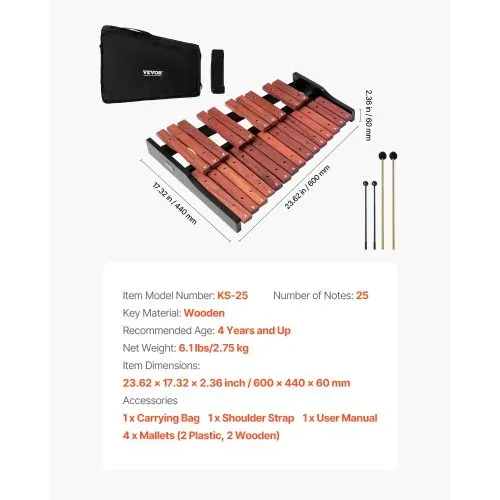 VEVOR Glockenspiel, 25 Noten, professionelles Xylophon-Schlaginstrument aus Holz, mit 4 Schlägeln, 1200D Oxford-Tragetasche, Ideal zum Musiklernen, Üben und Aufführen von Popsong – Bild 6