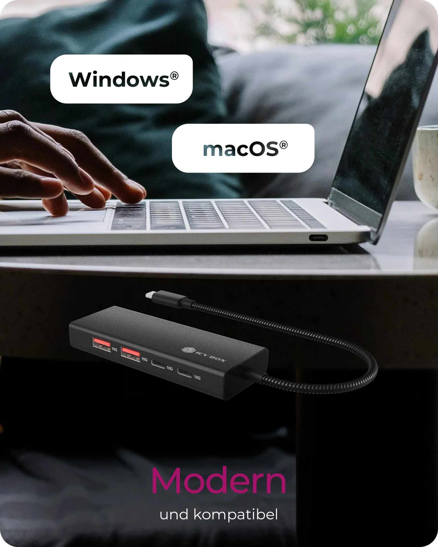 ICY BOX IB-HUB1436-CPD, USB 3.2 Gen 2 Hub, 1x Type-C® zu 2x Type-C® und 2x Type-A USB Anschlüssen 10 Gbit/S und Power Delivery bis zu 100 W, schwarz – Bild 6