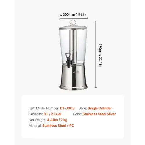 VEVOR Getränkespender (1 x 8 L) für Partys Saftspender (aus Edelstahl + Kunststoff) mit tropfsicherem Zapfhahn Wasserspender für Restaurants Partys, Limonade Eistee selbstgemachte Getränke Spender – Bild 6