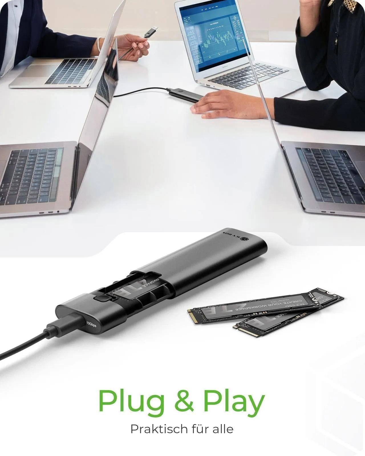 ICY BOX M.2 NVMe SSD Gehäuse, werkzeutloser Einbau, Host USB 3.2 Gen 2 Type-C+A, 10 Gbps, Aluminium – Bild 5