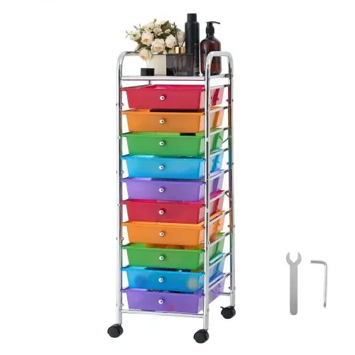 VEVOR Rollwagen mit 10 Schubladen Mobiler Rollcontainer 395x335x990mm Bunt, Metallgestell, Ablagefläche, Handgriffe, Lenkrolle mit 2 Bremsen, Aufbewahrungswagen für Büro Werkstatt Bastelzimmer Garage – Bild 8