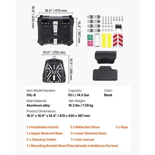 VEVOR Motorrad-Topcase Motorradkoffer 55 L Heckbox aus Aluminiumlegierung mit Lederfutter, abnehmbare Motorrad-Topbox mit Schloss & Rückenpolster, Helmkoffer (470 x 430 x 367 mm) Schwarz – Bild 6
