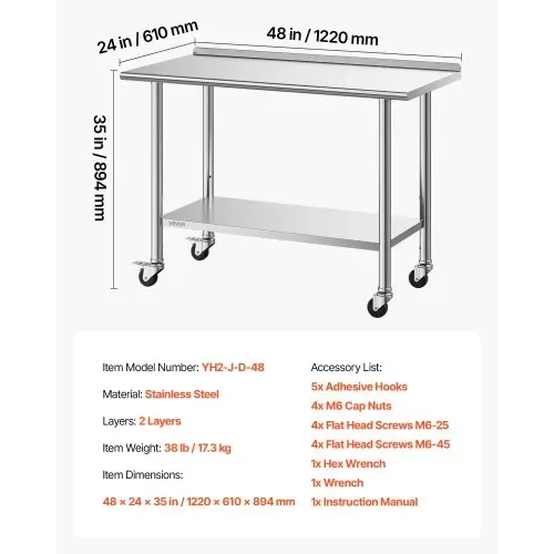 VEVOR Edelstahltisch Gastro 1220 x 610 x 894 mm, Verstellbarer Edelstahltisch mit Rollen, Aufkantung (30 mm), Arbeitstisch mit Grundboden für Restaurant Obere Ablage (245 kg) Untere Ablage (204 kg) – Bild 6