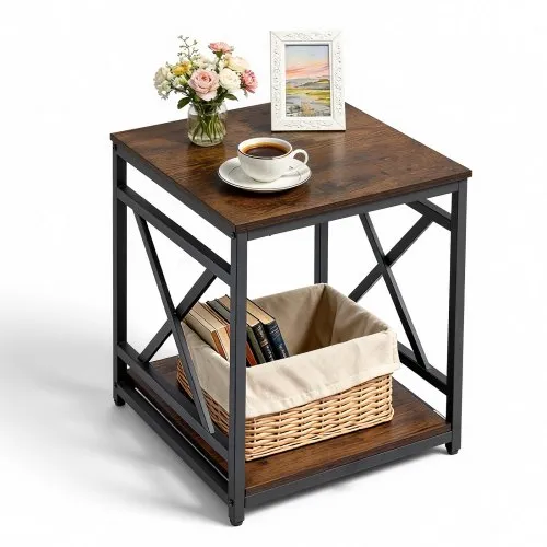 VEVOR Beistelltisch 2-stufiger Nachttisch mit Offenen Ablagefächern, Moderner Nachttisch mit X-förmigem Metallgestell, Couchtisch aus Holz für Wohnzimmer Schlafzimmer Büro, Braun Schwarz VEVOR Beistelltisch 2-stufiger Nachttisch mit Offenen Ablagefächern, Moderner Nachttisch mit X-förmigem Metallgestell, Couchtisch aus Holz für Wohnzimmer Schlafzimmer Büro, Braun Schwarz