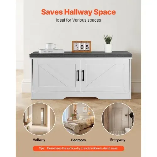 VEVOR Schuhregalbank Schuhbank (1000 x 355 x 460 mm), Eingangsbank mit gepolstertem Sitzkissen & 2 Scheunentüren, Schuhregal (136 kg belastbar), für Flur Wohnzimmer Schlafzimmer Schwarz Weiß – Bild 4