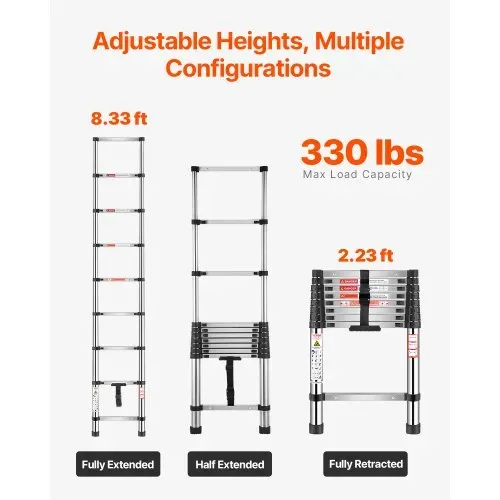 VEVOR Teleskopleiter, 254 cm lange, Ausziehleiter aus Edelstahl, Klappleiter mit Tragkraft von 150 kg (75°) & rutschfeste Füße, tragbare 9-Stufen-Leiter für Zuhause, Wohnmobil, Dachboden – Bild 5