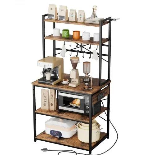 VEVOR Küchenregal Bäckerregal (800 x 400 x 1618 mm) mit X-förmiger Stützstange & 12 S-förmigen Haken & Integrierter Steckdosenleiste, Mikrowellenregal für Geschirr Gewürzflaschen Metallregal – Bild 9