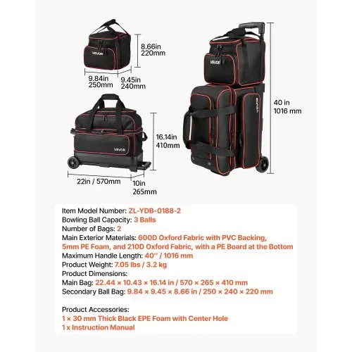 VEVOR 1 Bowlingtasche mit Rollen + 1 Bowlingtasche (Mini) für 2+1 Kugeln 600D Oxford Rot Schwarz, für Schuhe bis US-Größe 16 und Zubehör, mit Teleskopgriff (bis zu 1016 mm) und Doppellagigen Ablagen – Bild 6