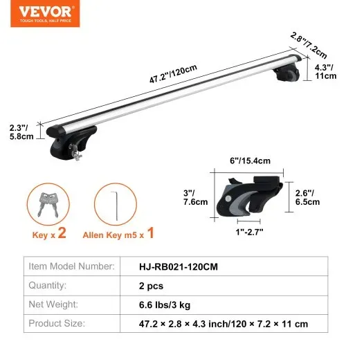 VEVOR Dachträger Universal Dachgepäckträger Auto Alu Querträger 90 kg Tragkraft, für erhöhte Seitenschiene mit Lücke, passend Innenabstand des Dachbalkens 19-101 cm, Rohrdurchmesser 28-68 mm – Bild 6