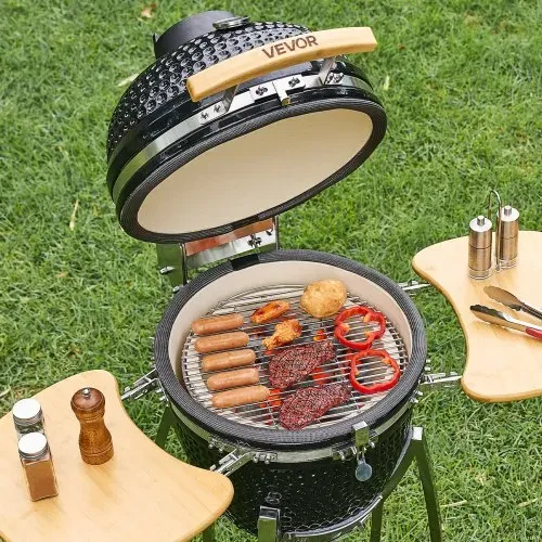 VEVOR Kamado Grill, Keramikgrill, Smoker Ø 450 mm, mit Holzgriffen, Seitenablagen, Metallstand mit Rollen & Thermometer bis 400°C, oberer & unterer Luftstrom, für BBQ, Grillen, Kochen & Backen Outdoor – Bild 7