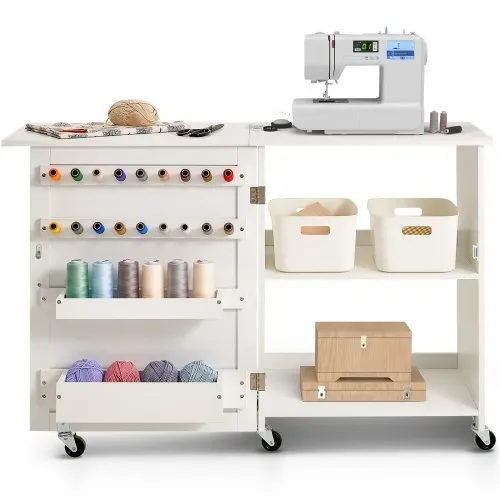 VEVOR klappbarer Nähtisch Mehrzweck Nähmaschinentisch mit Rollen & Regalen & Ablagefächern & Holzstiften & magnetischen Türen, Nähmaschine weiß (1170 x 400 x 778 mm) – Bild 8