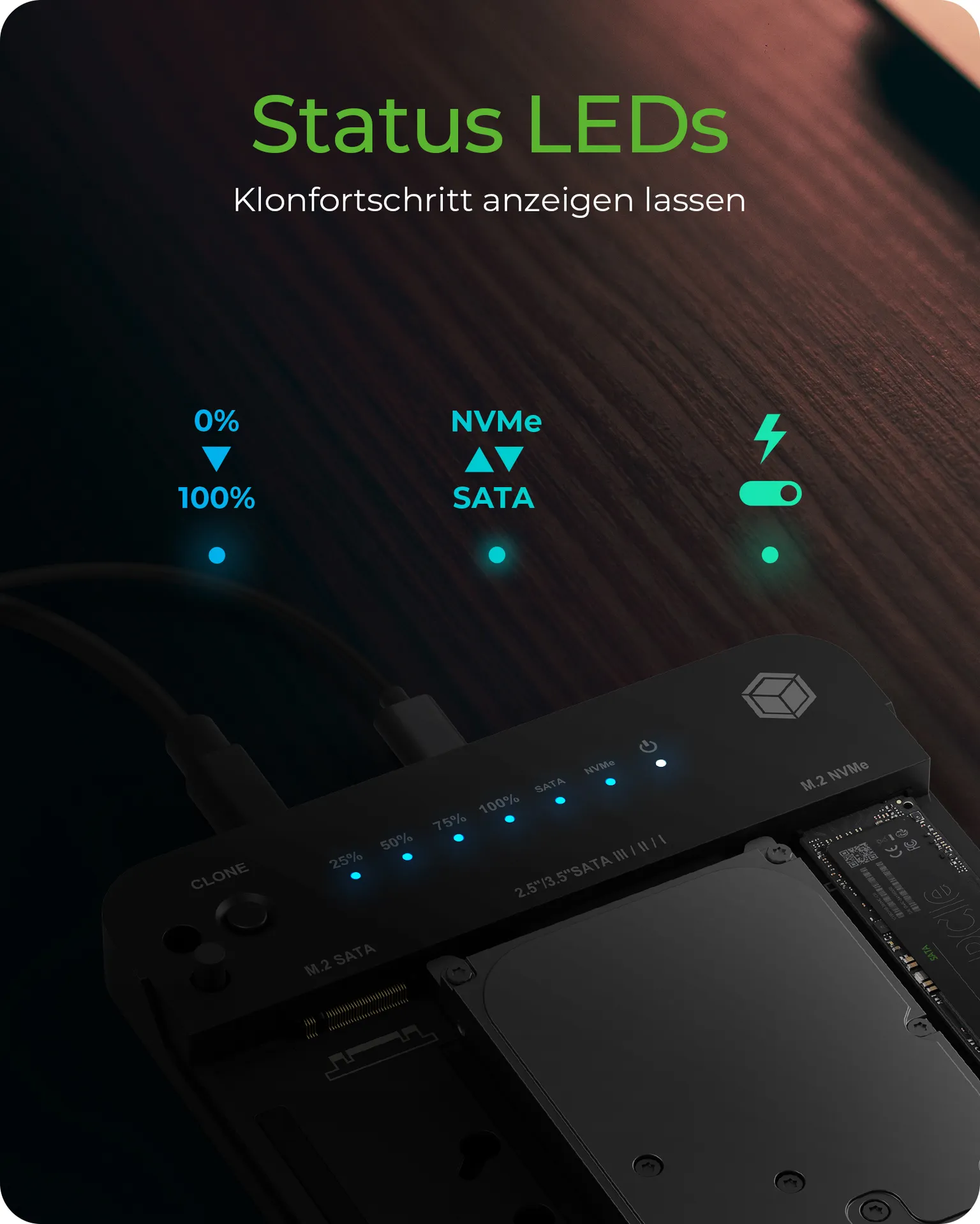 ICY BOX IB-2915MSCL-C31, Docking & CloneStation für M.2 NVMe & M.2 SATA SSD & 2.5”/3.5” SATA SSD/HDD, Zweiwege klonen, USB 3.2 Gen 2 Type-C®/Type-A, schwarz – Bild 6