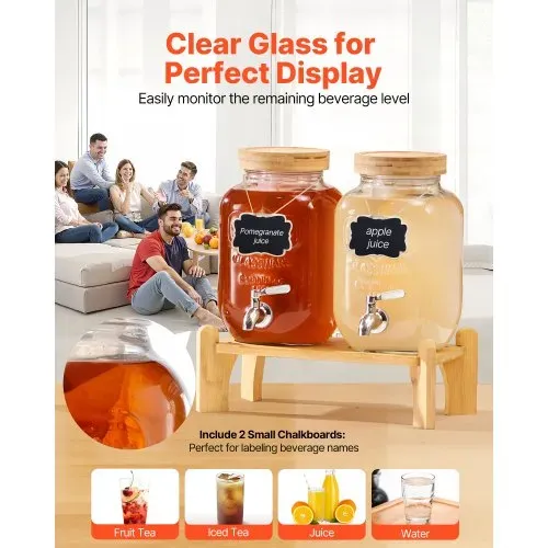 VEVOR Getränkespender (2 x 3,8 L) für Partys Saftspender (aus Glas) mit tropfsicherem Zapfhahn & Holzständer Wasserspender für Restaurants Partys, Limonade Eistee selbstgemachte Getränke Spender – Bild 3