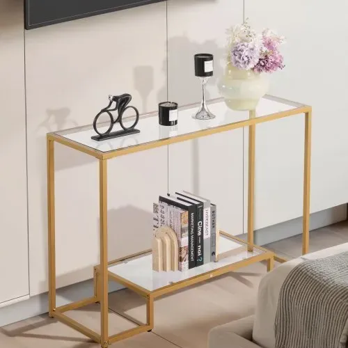 VEVOR 2-stufiger Konsolentisch moderner rechteckiger Flurtisch (107 x 35,4 x 75,5 cm) mit Platte aus gehärtetem Glas, Sofa-Beistelltisch mit Kippschutz für Wohnzimmer Flur Eingangsbereich Foyer – Bild 7