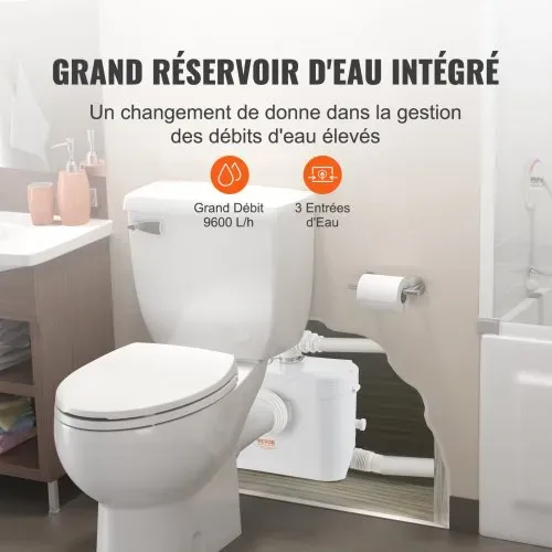 VEVOR Hebeanlage, 700 W, 9600 l/h Durchfluss, 10 m Förderhöhe, Zerkleinerer-Abwasserpumpe mit 3 Wassereinlässen für Toilette, Keller, Küche, Waschbecken, Badewanne, Abwasserentsorgung, Aufspülmaschine – Bild 4