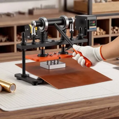 VEVOR Beheizte Lederschneidemaschine 260x120 mm Lederdruckmaschine 1,5 t, zum Lederprägen & Stanzen 12 mm Hub Zwei Führungswellen Digitales Bedienfeld 26 Kupferbuchstabenstempel 50 Heißprägefolien – Bild 7