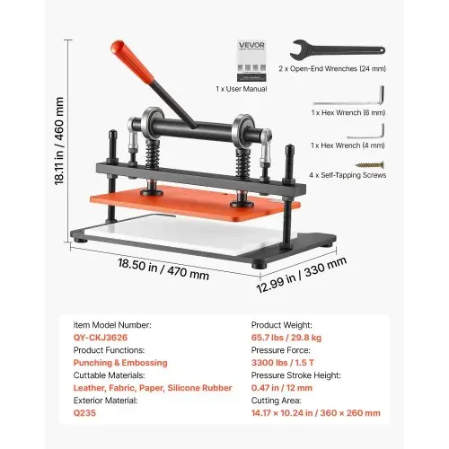 VEVOR Leder Stanzmaschine 360x260 mm Lederschneidemaschine Lochmaschine, Handpresse zum Prägen & Stanzen von Leder Stoff Papier Silikon, 1,5 t Druck, 12 mm Hub, Zwei Führungswellen Stahlkonstruktion – Bild 6