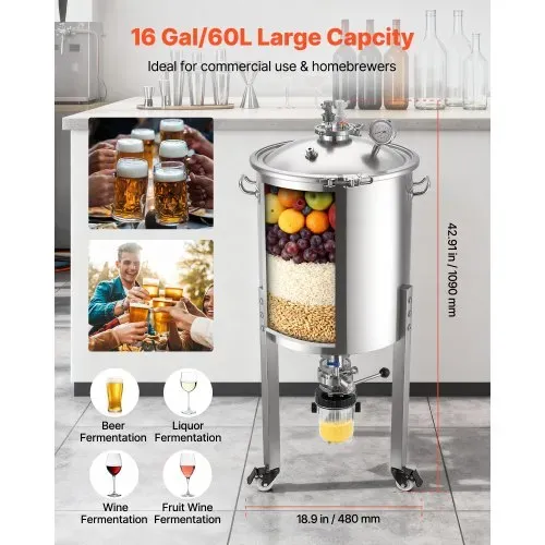 VEVOR konischer Gärbehälter Edelstahl 60 L Gärtank für Heimbrauen, Gärkessel mit konischem Boden & 3 Lenkrollen & Deckel & Griff & Thermometer, Gärfass für Wein- und Biergärung – Bild 4