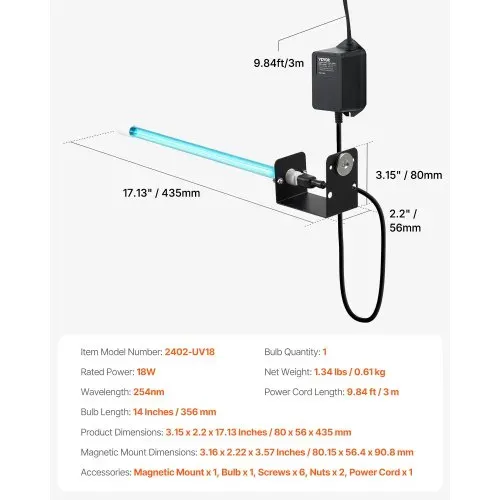 VEVOR HVAC-Luftreiniger, 18 W 254nm, UV-UVC-Licht-Spulenreiniger mit Magnet im Kanal für AC-Kanäle (Klimaanlagen), Luftwäscher mit 1 Ersatzbirne, HVAC-UV-Lampen, Air-Purifier für Klimaanlagen – Bild 6