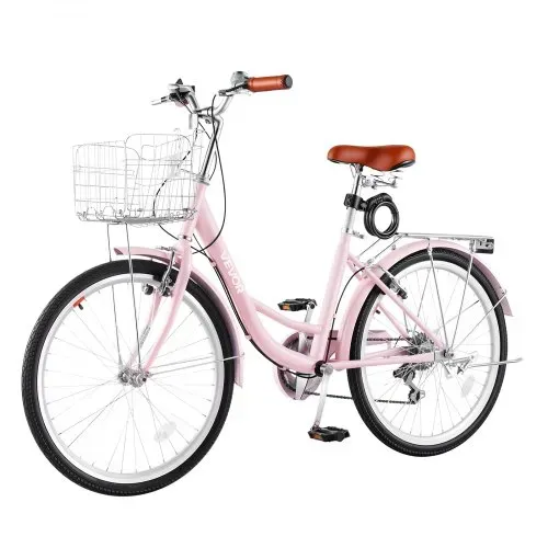 VEVOR Damenfahrrad 24 Zoll Cruiser-Fahrrad 150 kg 7-Gang Citybike Pink, für Pendelfahrten Besorgungen und Strandfahrten, mit Doppelten V-Bremsen, 50 kg Gepäckträger, Schutzblechen und Handschuhen – Bild 8