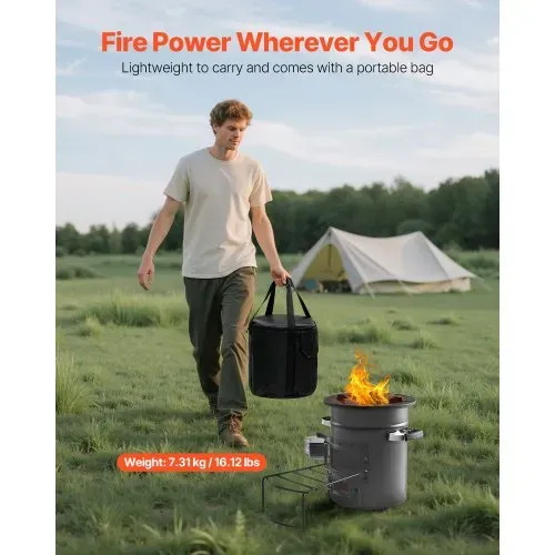 VEVOR Raketenofen, BBQ Rakete Holzofen mit Tragetasche, SPCC-Stahl, Doppeltür, zum Verbrennen von Zweigen, Stöcken oder Holzkohle zum Outdoor Kochen, Camping Outdoor-Campingkocher, Campinggrill – Bild 6