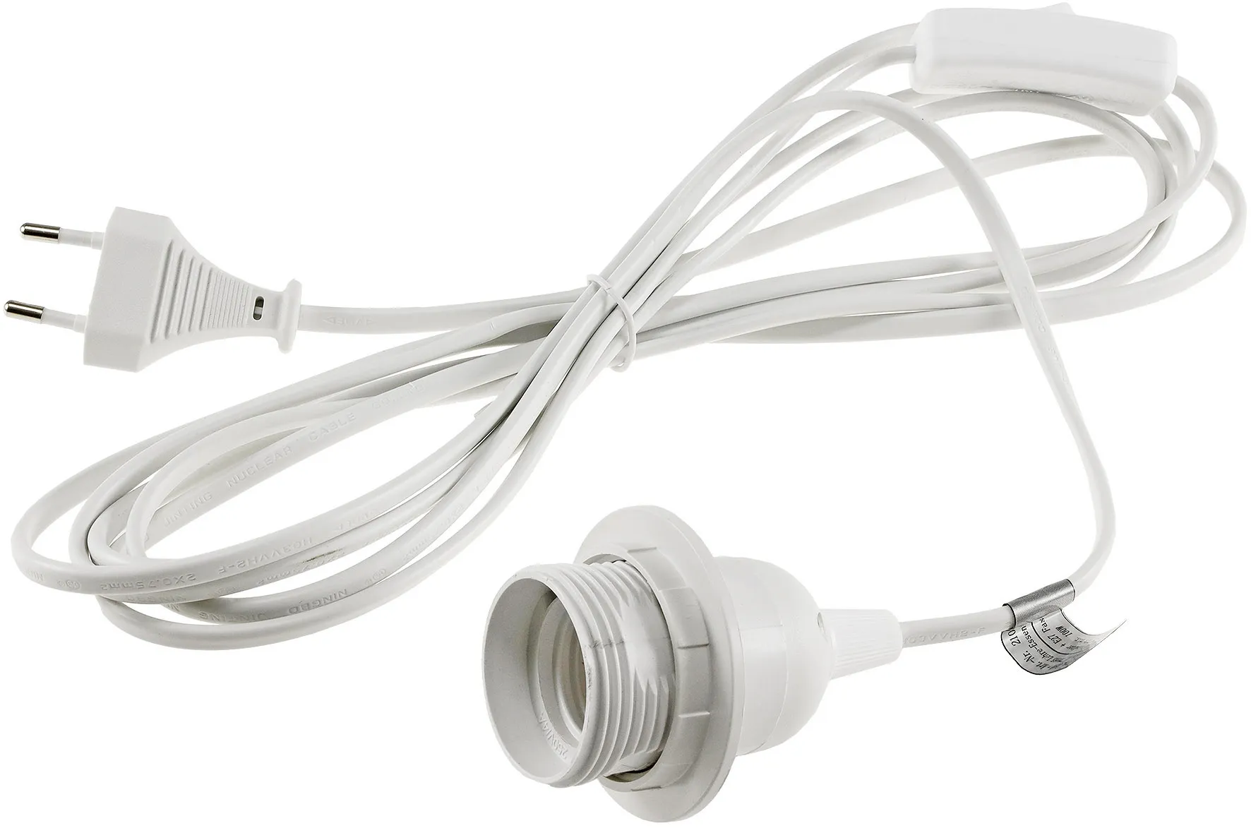 Netzkabel mit Schalter und E27 Fassung 1,4m + 2m lang, weiß Netzkabel mit Schalter und E27 Fassung 1,4m + 2m lang, weiß