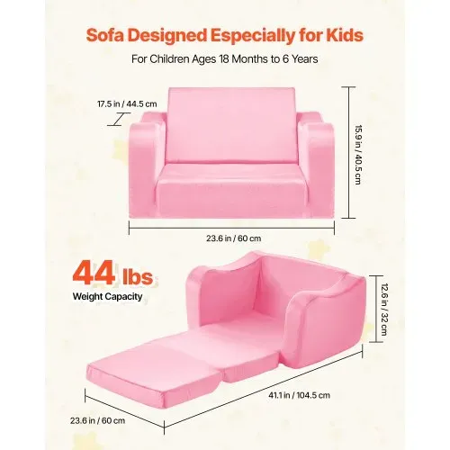 VEVOR Kindersofa Kindersessel aus 28D-Schwamm & kurzem Flor mit Armlehnen, Kleinkindersofa zum Lesen und Spielen, Kindercouch umwandelbares Schlafsofa für Spielzimmer Schlafzimmer Rosa M (Maß) – Bild 2