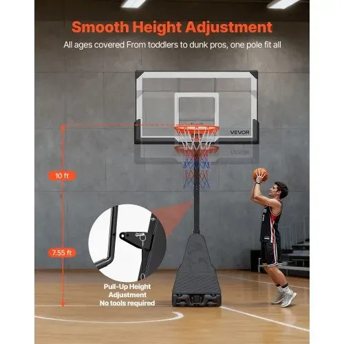 VEVOR tragbarer Basketballständer, 2,3-3,05 m höhenverstellbarer (manuell) Basketballkorb, Basketballanlage mit 139 cm PC-Rückwand, Basketballkorsystem Backboard-Set für Terrassen Schulen – Bild 4