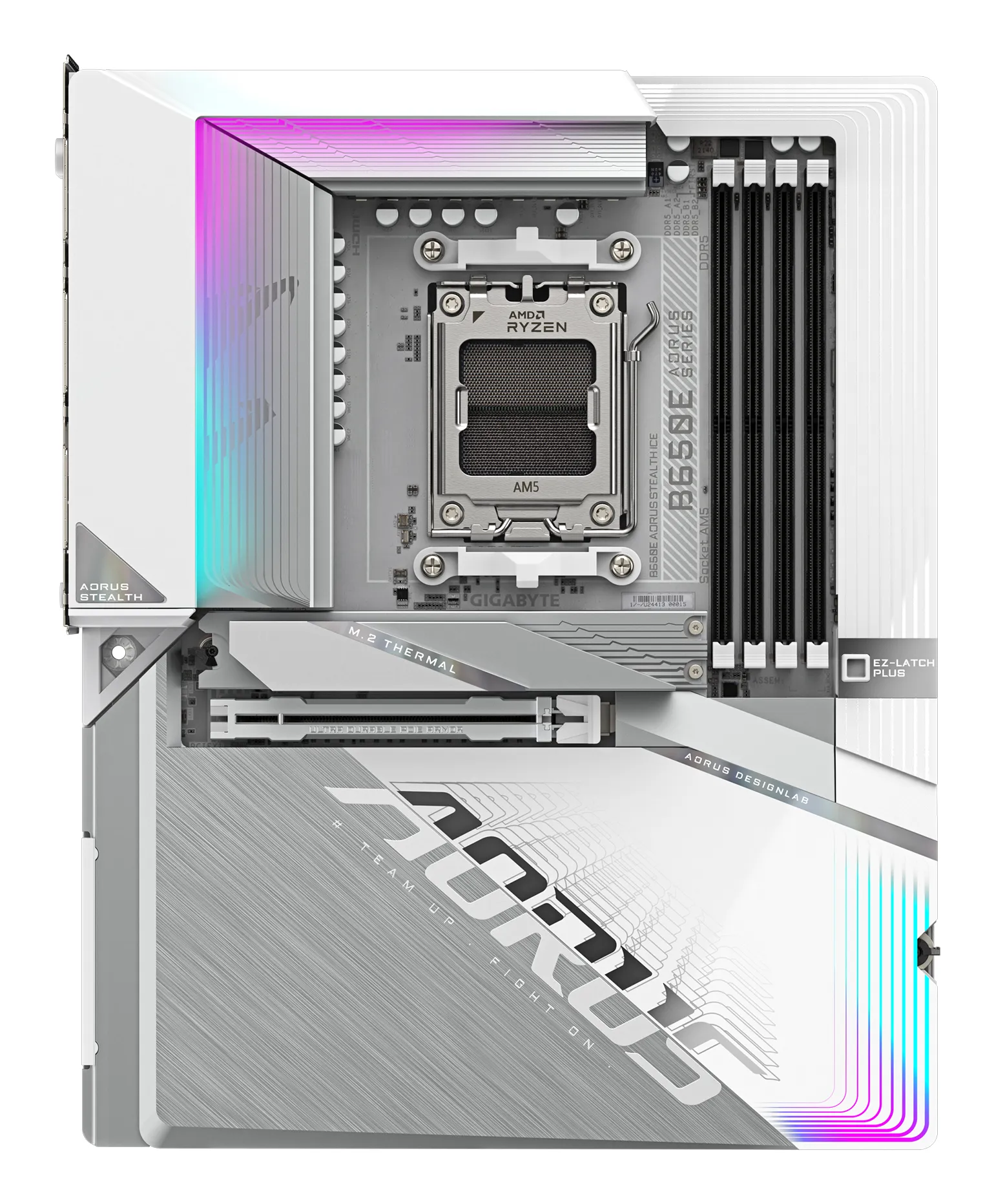 GIGABYTE B650E AORUS STEALTH ICE Mainboard - AMD Ryzen 9000er-Serie, 12+2+2 Phasen VRM, bis zu 8000 MHz DDR5 (OC), 1xPCIe 5.0 + 2xPCIe 4.0 M.2, 2,5 GbE LAN, WIFI 7, USB 3.2 Gen 2x2 – Bild 2