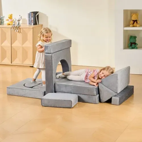 VEVOR modulare Spielcouch Anbausofa für Kleinkinder mit Armlehnen, 28D-Schwamm und Kurzflor, umwandelbare modulare Kindercouch zum Selbermachen, für Spielzimmer Schlafzimmer, 14-teilig, Grau – Bild 7