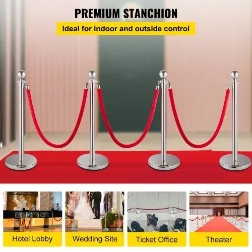 VEVOR Edelstahl Absperrpfosten Seil Abgrenzungsständer Kugelkopf 3 Rote Samtseile Silberne Säule 4 Packung Crowd Control Barriers VEVOR Edelstahl Absperrpfosten Seil Abgrenzungsständer Kugelkopf 3 Rote Samtseile Silberne Säule 4 Packung Crowd Control Barriers