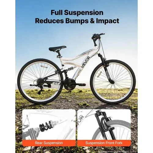 VEVOR Mountainbike für Damen Herren 27,5 Zoll Fahrrad 18-Gang Schwarz Weiß Ideal für Erwachsene, Kohlenstoffstahlrahmen, mit Vollfederung, 120 kg Tragkraft, Klingel, Reflektoren & Verstellbarem Sattel – Bild 2
