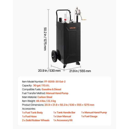 VEVOR 113,6L Kraftstofftrolley Mobile Tankanlage mit Handpumpe Schwarz, Tragbarer Kraftstofftank für Auto Rasenmäher Boot, Mit 2 Rollen & Ölstandsanzeige, Für Benzin & Diesel, Kohlenstoffstahl – Bild 6